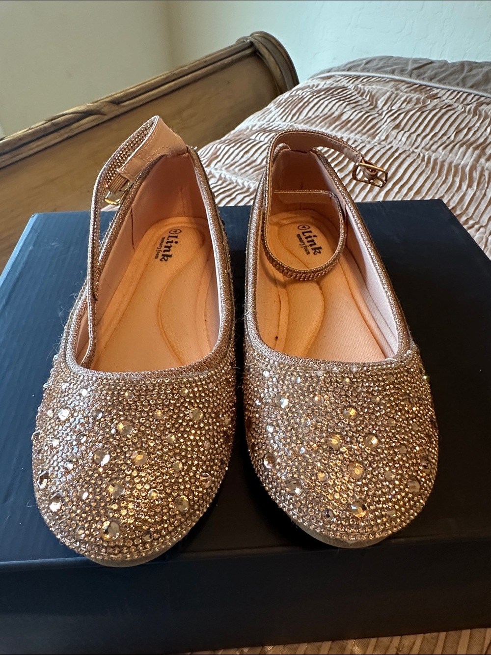 Link Girls' Rose Gold Glitter Crystal Ankle-Strap Flats